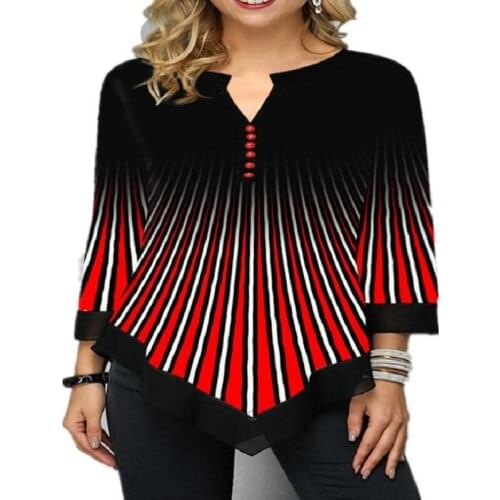 Spring Autumn Blouse Fashion Irregular Long Sleeve Casual 3D Print Stripe Clothes Female V-Neck Loose Shirts Large Size