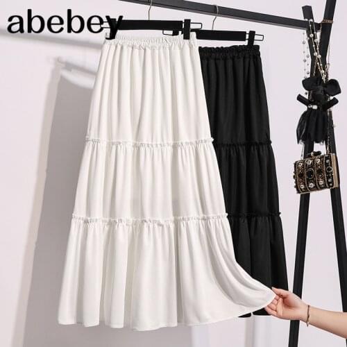 Midi Long Skirt Women Fashion 2021 Summer Casual Simple Solid Black White A Line High Waist Skirt Female Korean Style