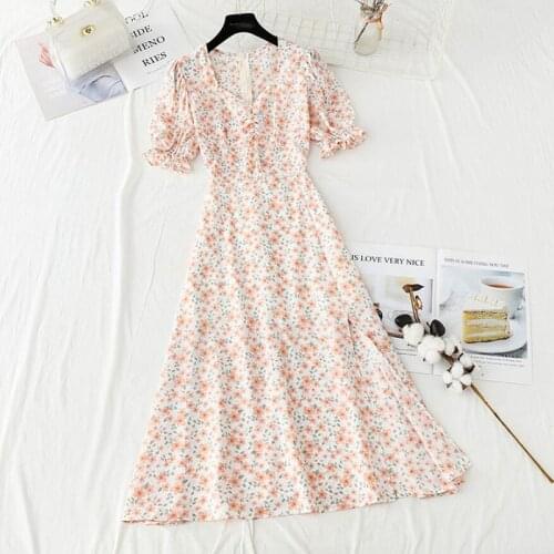 Women Floral Print Chiffon Dress Elegant V-neck Short Sleeve Sundress Bohemian Style Beach Summer Dress Female Sweet Dress