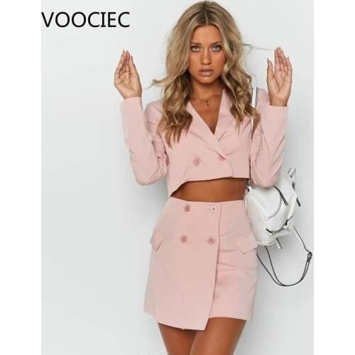 VOOCIEC Womens suits autumn new womens temperament double-breasted pink large size suit jacket casual feet Suit set two-piece