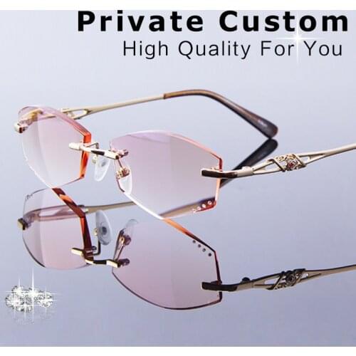 Luxury Charm Gold Prescription Glasses Women Myopia\Hyperopia Rhinestone Rimless Female Lens Multi-focus Spectacles