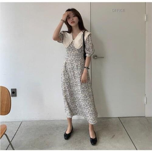 One-Piece Female A-Line Dress 2021 Peter Pan Collar Floral Women Dress Elegant Lace-Up Puff Sleeve Vintage Midi Vestidos Ladies