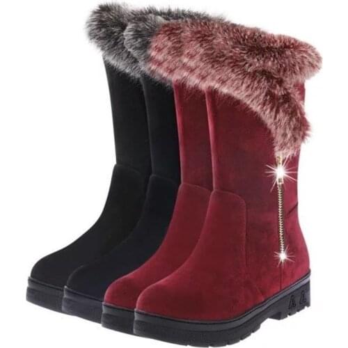 LEOSOXS Winter Women Boots Casual Warm Fur Mid-Calf Boots Flock Women Slip-On Round Toe Flats Snow Boots Shoes Plus Size 35-41