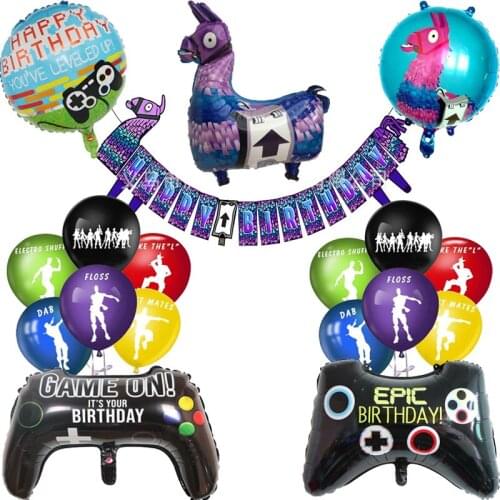 1set Video Game Llama Balloon Happy Birthday Party Decoration Banner Kids Pinata Foil Balloons Alpaca Ballon Children Globos