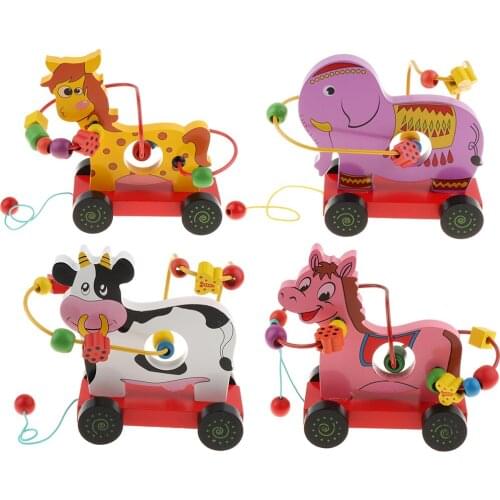 Baby Wooden Animal Car Bead Maze Roller Toddler Walk Along Baby Preschool Education Toy