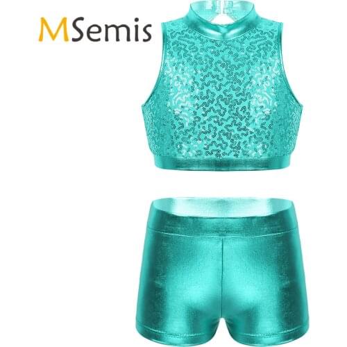 MSemis Kids Jazz Hip Hop Street Dance Costume Outfit Girls Clothes Sequins Cutout Crop Top Metallic Bottoms Stage Performance