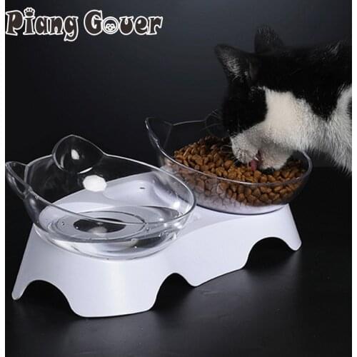 Cat Ear Double Bowl Oblique Pet Bowl Dog Food Double Bowl Transparent Pet Water Cat Bowl