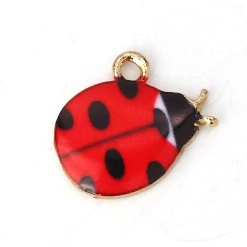 Enamel Ladybug Charms Zinc Based Alloy Animal Pendants Gold Color With Black & Red 15*13mm DIY Necklace Jewelry Making, 2 PCs