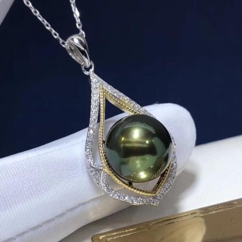 Fine Jewelry 925 Sterling Silver Natural Fresh Water Green Pearl 11-12mm Pendant Necklaces for Women FIne Pearls Pendants