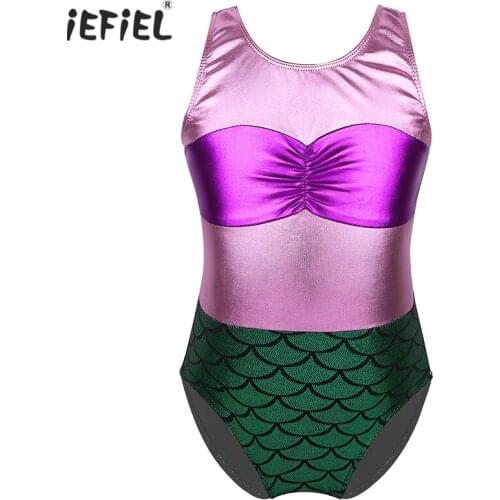 IEFiEL Princess Girls Adorable Ballet Dancewear Stage Performance Sleeveless Metallic Mermaid Scales Gymnastics Leotard Jumpsuit