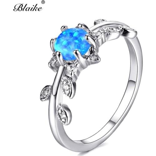 Blaike Silver Color Blue/White Fire Opal Rings for Women Leaf Shaped White Zircon Ring Retro Fashion Plant Jewelry