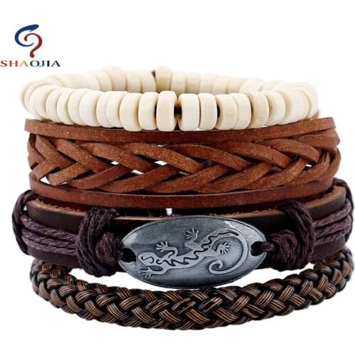Leather Bracelet Vintage Beads Bracelet Handmade Woven Elegant Brown Leather Bracelets & Bangles Men Jewelry Fashion Accessory