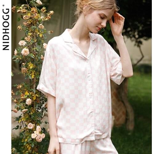 Summer Women Pajamas Fashion Thin Piece Sleepwear Satin Plaid Lounge Wear Short-sleeved Shorts Pijamas 2 Piece Lounge Sets 2021