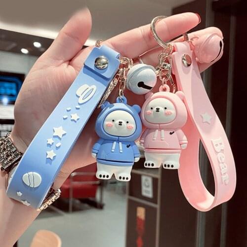 PVC Polar Bear Metal Keychain Pink Blue Hoodie Bell Pendant Cute Bag Car Keyring Jewelry Fox Lanyard Men Women Couple Gift