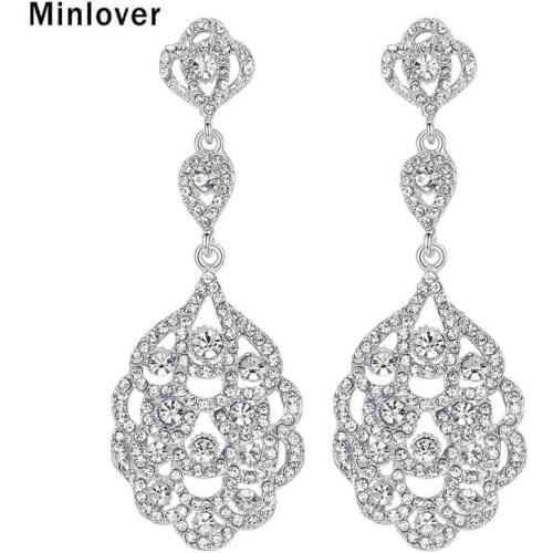 Minlover Crystal Long Drop Earrings for Women Rhinestone Bridal Earrings Wave Style Wedding Accessories EH188