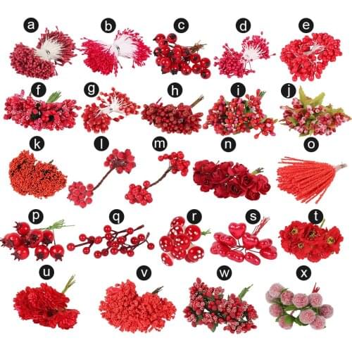 Craft Mixed Red Artificial Flower Cherry Stamen Berries Bundle DIY Christmas Wedding Cake Gift Box Decor