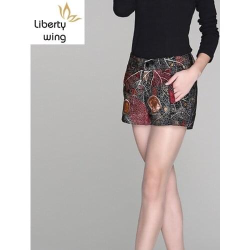 Korean Fashion Office Lady Print Floral Shorts Mid Waist Slim Fit Sheepskin Trouser Female Straight Autumn Real Leather Feminino