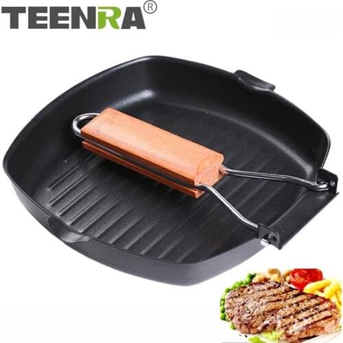 TEENRA Non-stick Frying Pan For Eggs Ham Wooden Handle Folding Square Grill Pan Portable Steak Frying Pan