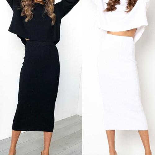 Women High Waist Knitted Bodycon Long Skirt Fashion Sexy Black White High Waist Pencil Skirts Female Elastic Skirts Club Wear