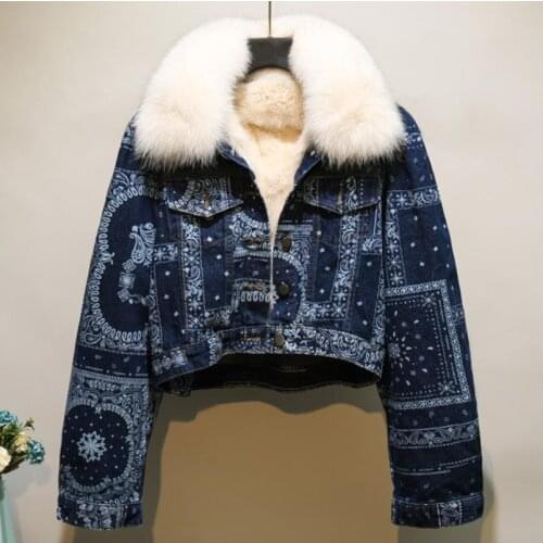 2021 Autumn Winter New Loose Vintage Embroidery Short Denim Parka Women Chic Plus Velvet Detachable Big Fur Collar Jacket Coats