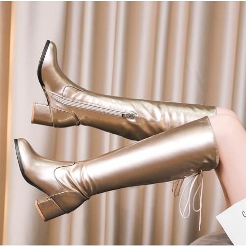 Winter Womens Boots Gold Silver Fashion Patent Leather Knee High Boots Luxury Square Heels Long Boots Shoes Lady Large Size 45