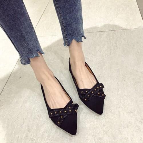 Newest Spring/Autumn Fashion Women Shoes Large Size Pointed Toe Shallow Rivet Bow Sweet Basic Flats Zapatos Mujer
