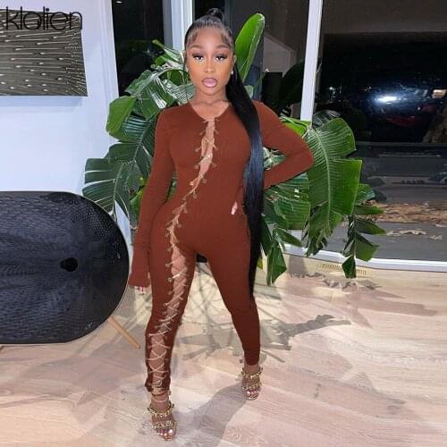 KLALIEN Sexy Hollow Out Bandage Solid Rib Knit Female Jumpsuit 2021 Spring Autumn Skinny Slim Elastic High Quality Romper Women