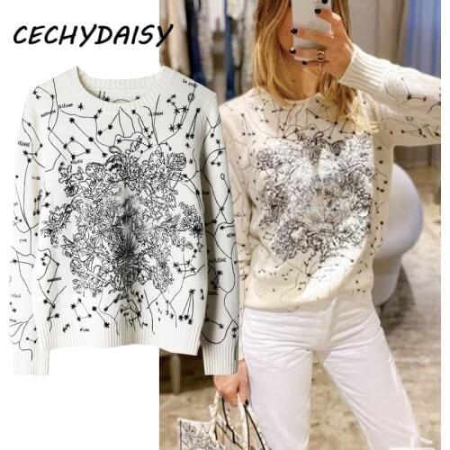 2021 Spring New Fashon Knitted Sweater Women Embroidery Constellation O-Neck Long Sleeve High Street Vintage Za Pullovers Jumper