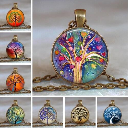 2019 New Fashion Life Tree Glass Cabochon Statement Necklace & Pendant Jewelry Vintage Bronze Chain Choker Necklace for Women