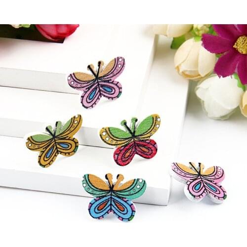50Pcs 27*20mm Multiy Color Cute Butterfly Botones Knopf No Holes Printing Wooden Buttons Scrapbooking Sewing Accessories