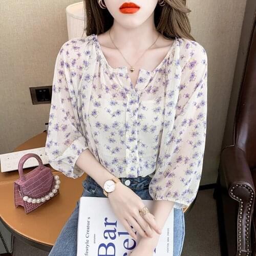 Floral Chiffon Shirts for Women 2021 Elegant New French V-neck Tops Ladies Womens Tops and Blouses Purple Blusas Female Top 0974
