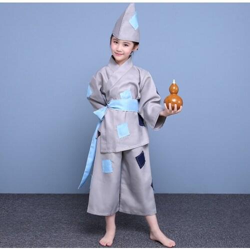 Child Chinese Traditional Ancient Beggar Costume for Girls Boys Poor Beggar Costumes Cosplay Stage Performance Costume