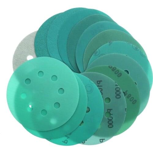 10Pcs 5 Inch 125mm 8 Holes 60 to 2000 Grits Hook and Loop Green Film Sanding Disc