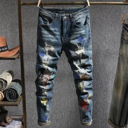 Newly Streetwear Fashion Men Jeans Elastic Destroyed Ripped Jeans Men Embroidery Patchwork Designer Hip Hop Denim Pencil Pants