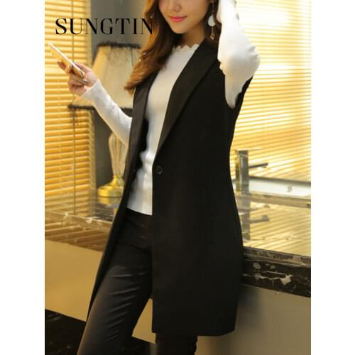 Sungtin Classic Women Long Blazer Vest Elegant Office Lady Coat Female Waistcoat Causal Suits Sleeveless Jacket Plus Size