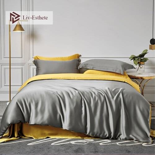 Liv-Esthete Luxury Gray Yellow 100% Silk Bedding Set 25 Momme Duvet Cover Flat Sheet Fitted Sheet Pillowcace Queen King Bed Set