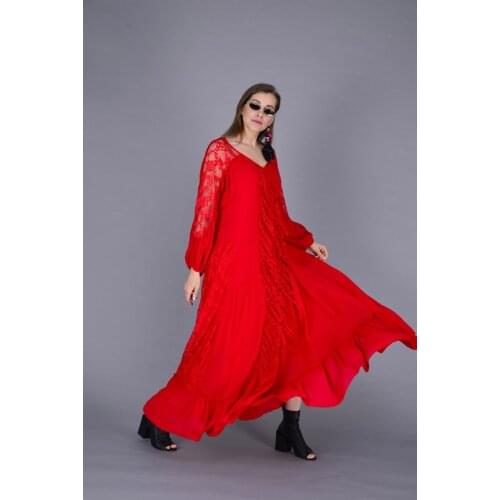 Lace Detailed Long Red Dress For Women 2021 New Fashion Elegant Clothing With Plus Size Options 4xl 5xl 6xl