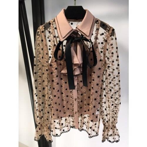Fashion 2021 new ladies long-sleeved sexy hit color bow flocked polka dot shirt 0119