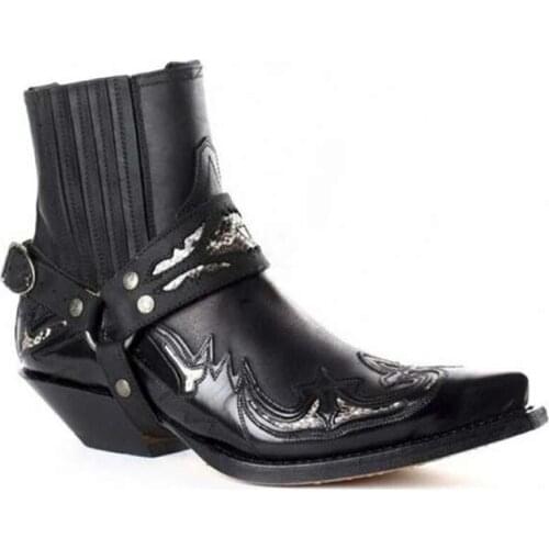 Mens Fashion Cowboy Western Boots Vintage Men Faux Leather Pointed Toe Boots Punk Shoes Mid- Heel Ankle Boots 2021