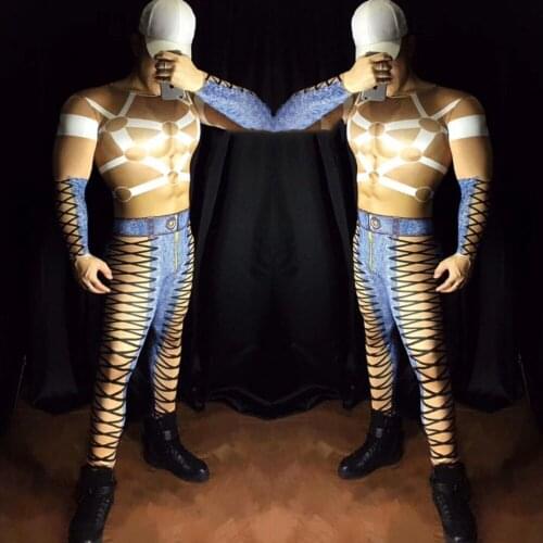 Male 3D False Muscle Printing Abdominal Muscles Elastic Jumpsuit Dj Bar Ds Nightclub Wear Singers Rave Stage Costumes DT1187