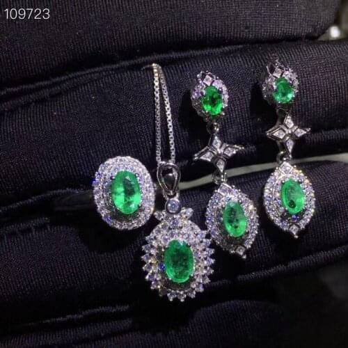 Natural green emerald Ring Pendant Earrings Natural Gemstone Jewelry Set S925 Silver Retro Luxurious Cross Women party jewelry