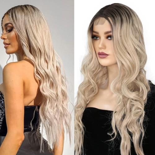 Lace Synthetic Hair Wig Ombre Brown Light Ash Blonde Medium Wave Long Wave Middle Part Wig for Women Heat Resistant Fiber Daily