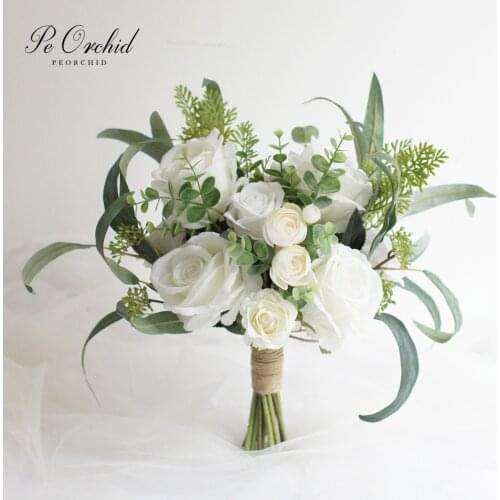 PEORCHID Greenery&White Wedding Bouquet For Bride Flowers Ramos De Novia Bruidsmeisje Boeket Artificial Bridal Hand Bouquet