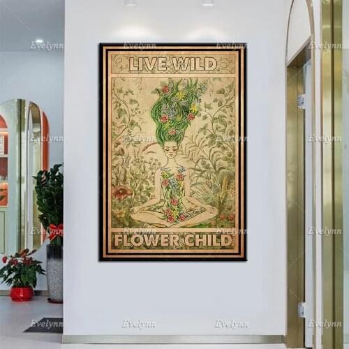 Yoga Poster - Live Wild Flower Child Poster, Yoga Lover Wall Art, Practice Yoga From Home, Yoga Studio Decor Canvas, Home Decor