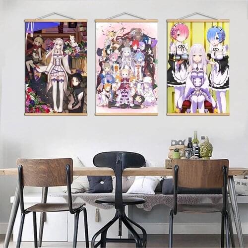 RE ZERO - Starting Life in Another World Posters Anime Clear Image Home Decoration Living Room Canvas Solid Wood Hanging Scroll