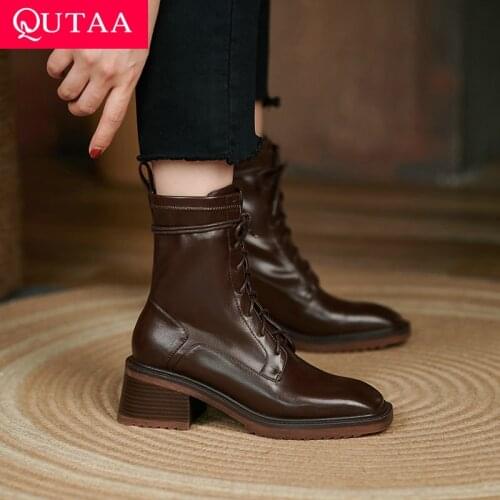 QUTAA 2022 Women Ankle Boots Lace Up Fashion Square High Heel Round Toe Black All Match Ladies Motorcycle Boots Size 34-40
