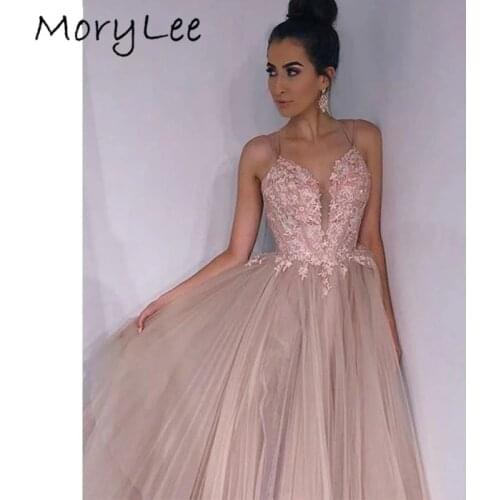 Pink Lace Evening Dresses V-Neck A-Line Sleeveless Lace Applique Soft Tulle Evening Dresses Backless vestidos de fiesta de noche