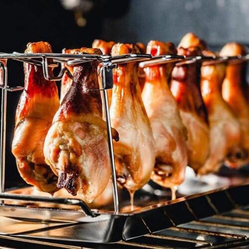 Stainless Steel Grill Rack 14 Grids Drumstick Stand Foldable Portable Chicken Leg Holder for Barbecue Picnic with Drip Pan