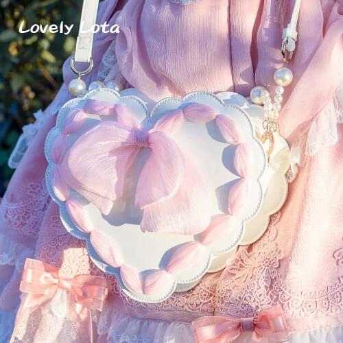 Teenage Girls Cute Lolita Fashion Shoulder Bag Lover Messenger Bags Heart-shaped Bandage Bowknot Japanese Kawaii Pearl Handbag