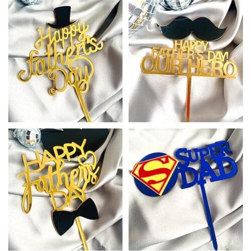 New Gold Happy Fathers day Acrylic Cake Topper Super DAD beard Cake Topper for Fathers day Birthday Party Cake Decorations